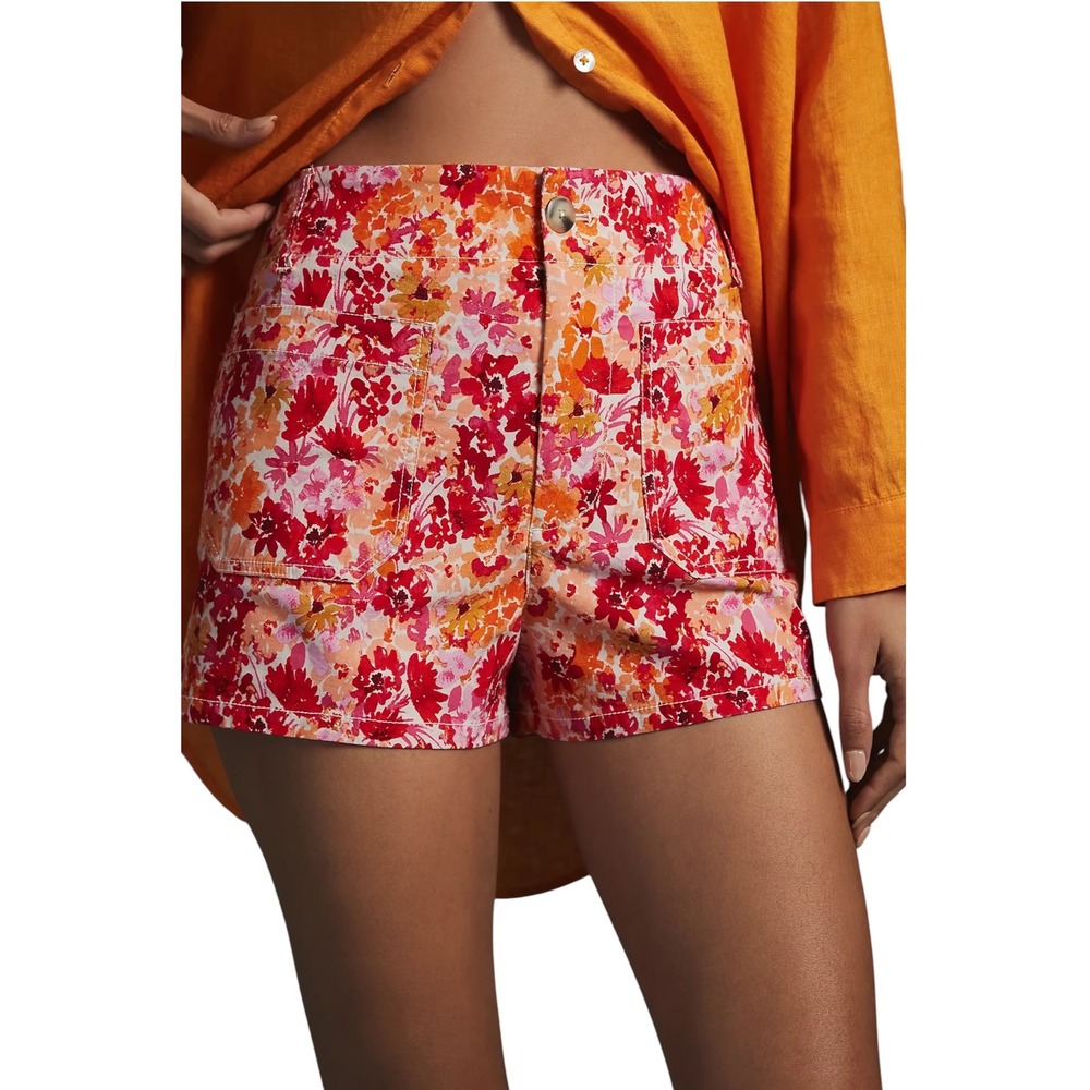 Maeve by Anthropologie The Colette Floral High Rise Shorts Red Orange Pink 26